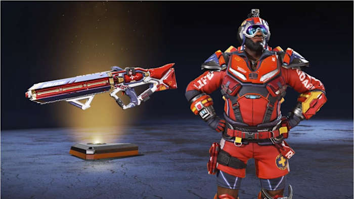 Newcastle's Shoreline Defender lifeguard themed skin from the Sun Squad Collection Event in Apex Legends with a Havoc.